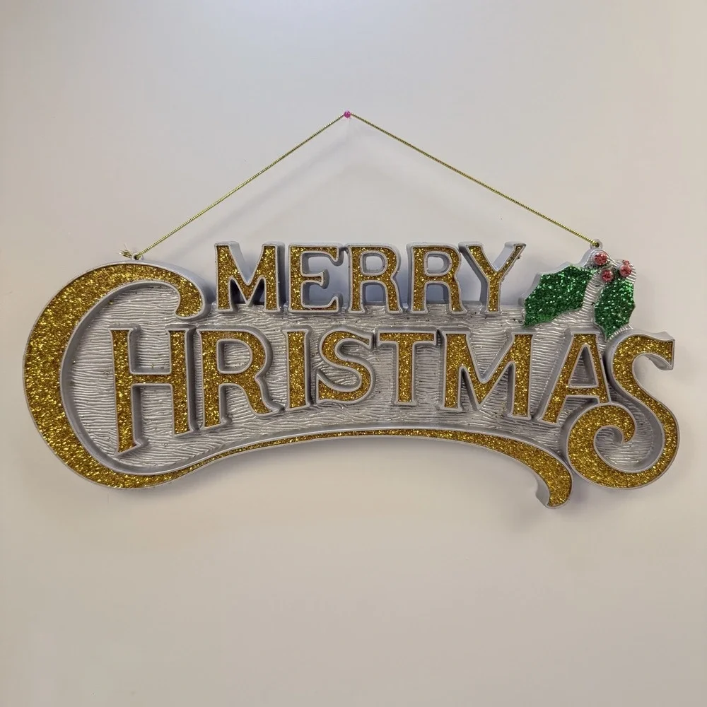 Vintage 1980's Plastic Merry Christmas Silver and Gold Hanging Sign 14 1/2